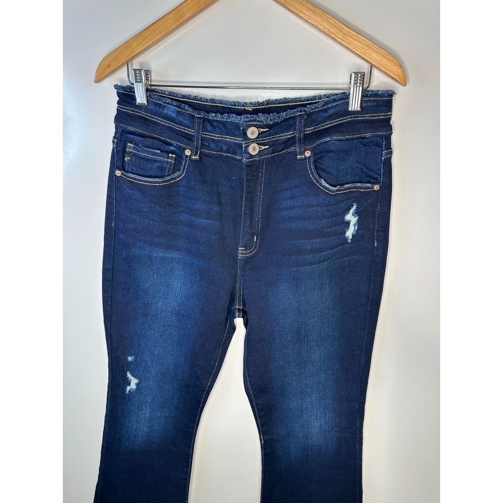 Kancan Gill High Rise Flare Jeans Dark Wash Distressed Raw Hem Size 13 / 30 - Picture 4 of 16